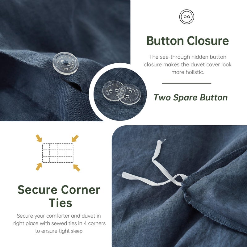 Simple&Opulence 100% Linen Duvet Cover Set, 3 PCS Classic Blue Duvet Cover Queen Size, Breathable Soft Comfy Linen Bedding Comforter Cover with 2 Pillowcases(Classic Blue, 88"x92") - Image 4